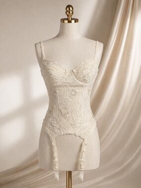 RARE NWT VTG 90s Y2K La Perla Bridal Ivory Lace Bustier Corset 36B Garter Straps